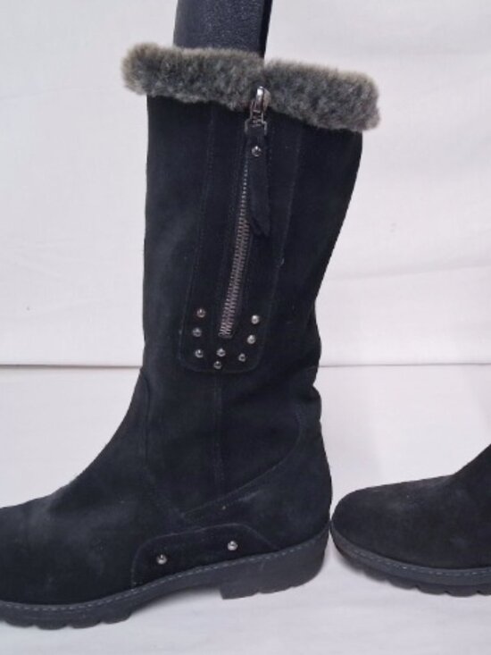 Aquatalia Eva Faux Shearling Cuff Weatherproof Hiker Boot  Aquatalia Black Suede Studded Fur-Lined Winter Boots w Side Zip Size 37 6.5